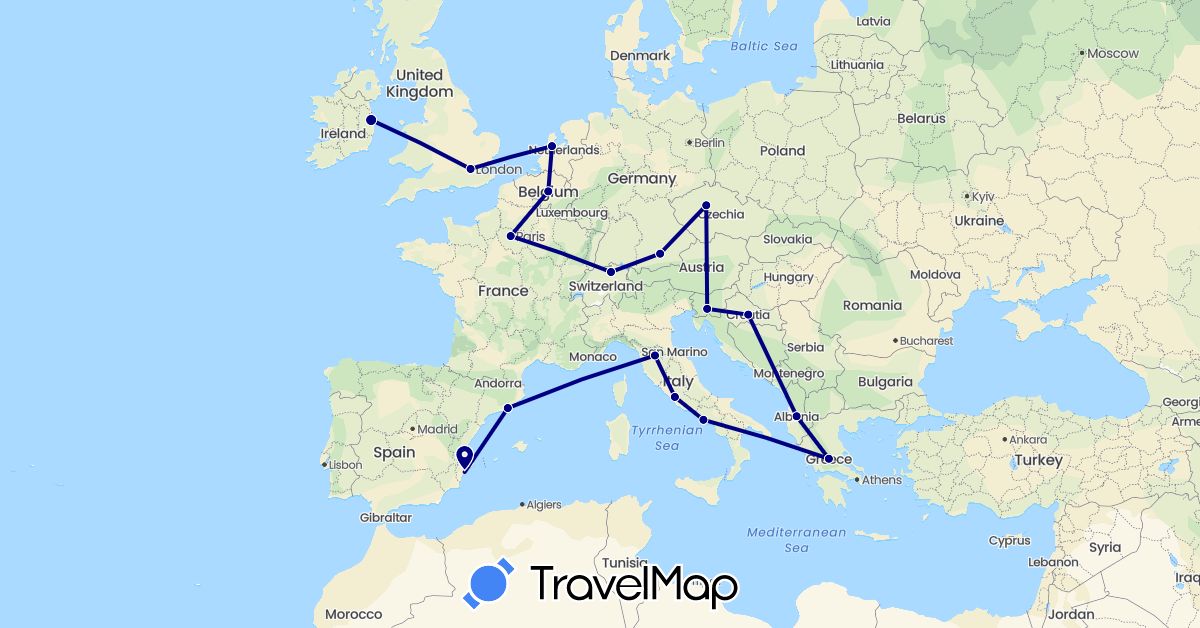 TravelMap itinerary: driving in Albania, Belgium, Switzerland, Czech Republic, Germany, Spain, France, United Kingdom, Greece, Croatia, Ireland, Italy, Netherlands, Slovenia (Europe)